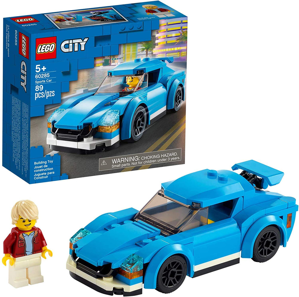 LEGO City Sports Car 60285 cockpit-detail showing minifigure seating and controls.