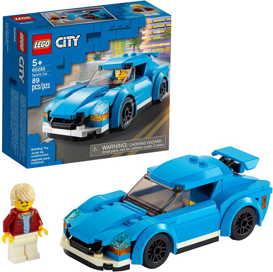 LEGO City Sports Car 60285 cockpit-detail showing minifigure seating and controls.