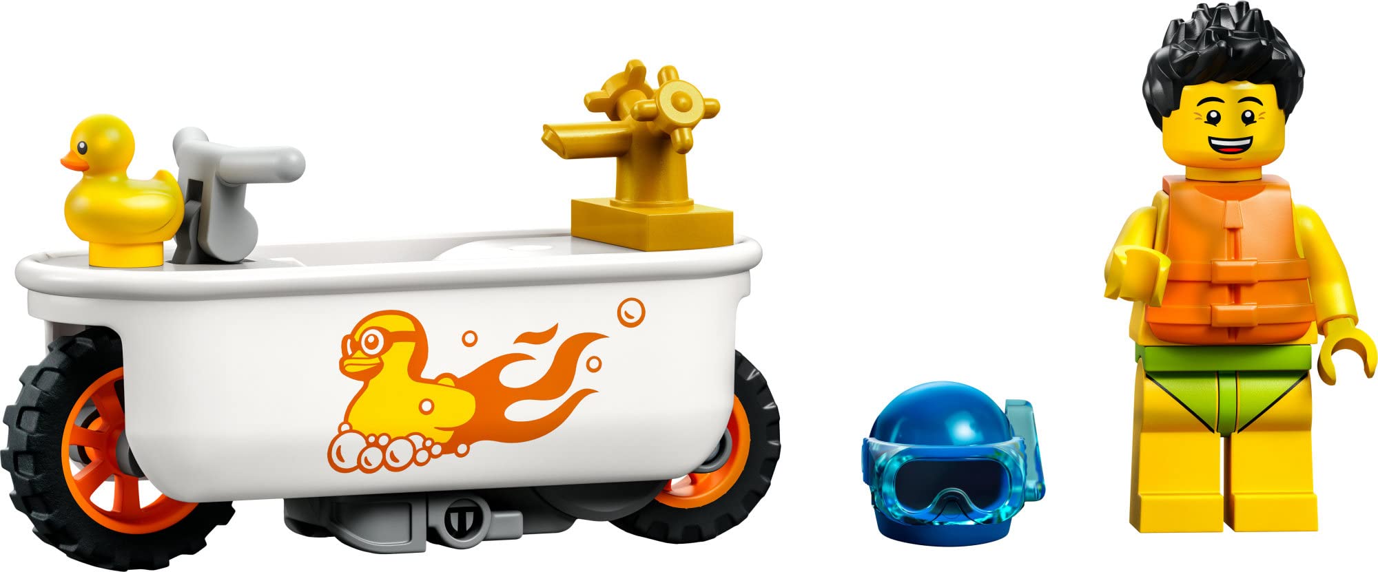 LEGO City Stuntz bathtub stunt bike playtime scene highlights portable, screen-free fun.