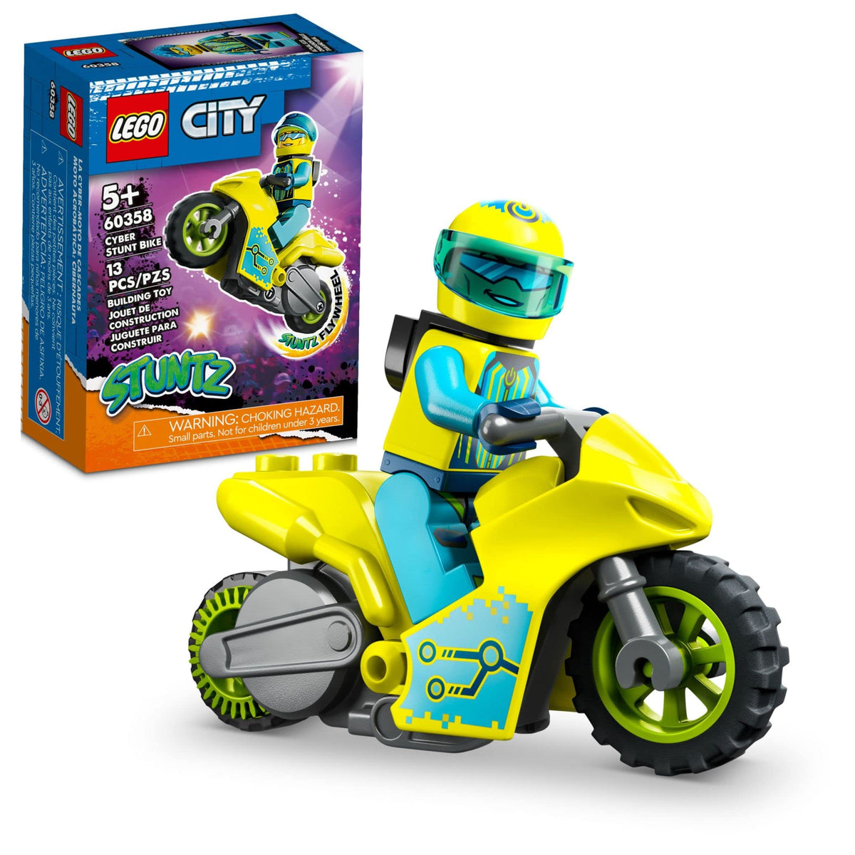 LEGO City Stuntz Cyber Stunt Bike front view shows compact build for quick play