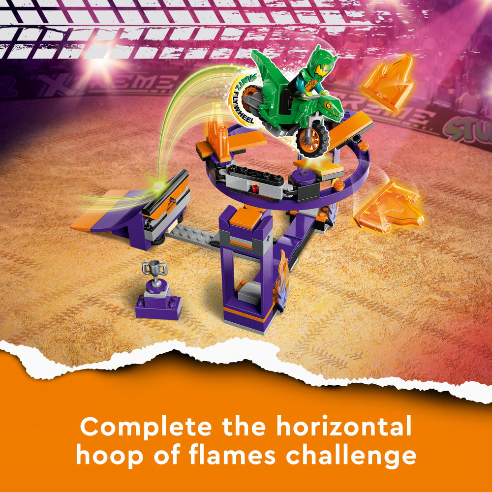 LEGO City Stuntz Dunk Stunt Ramp hoop with flaming/star challenges for kids.
