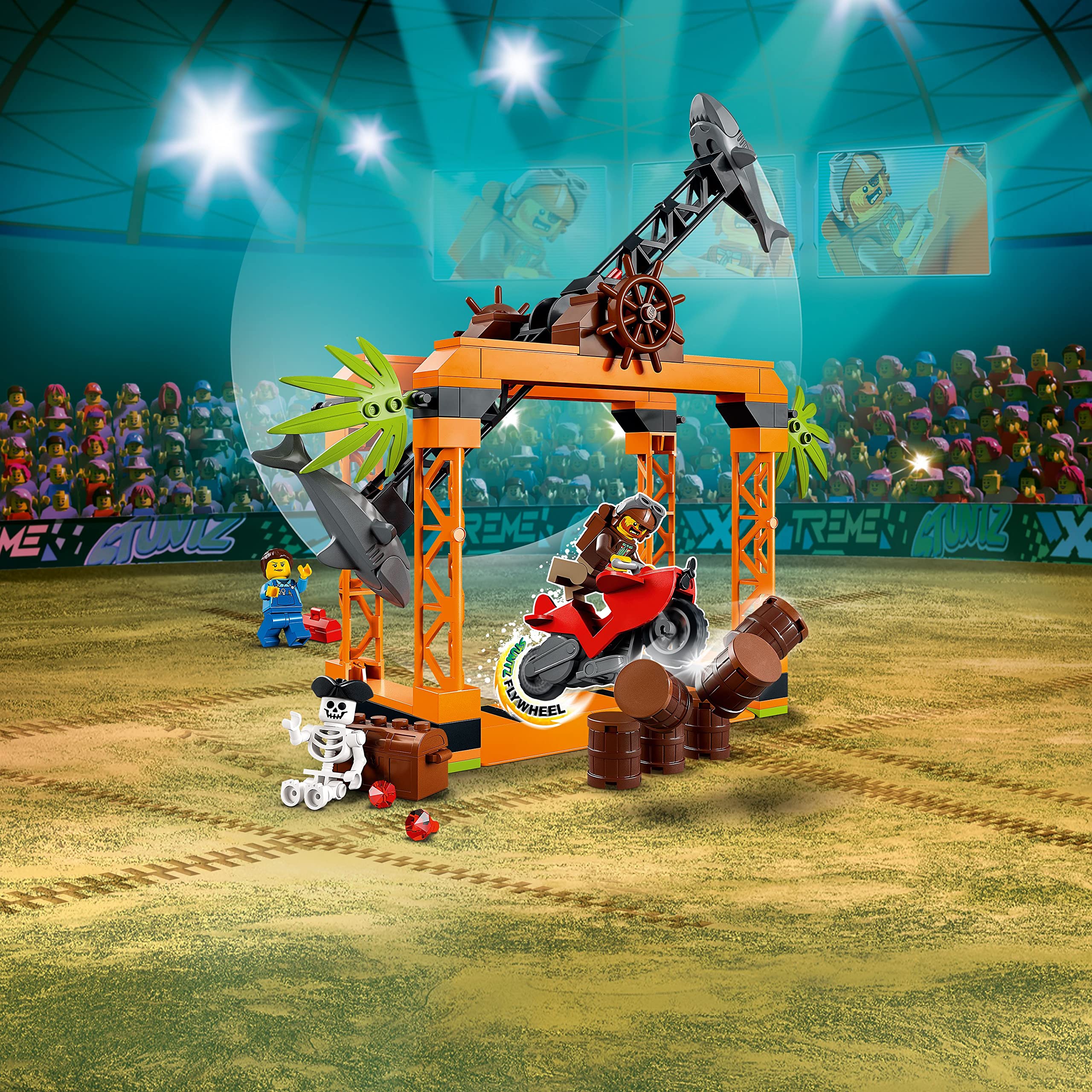 LEGO City Stuntz barrels and shark wheel create dynamic obstacle play.