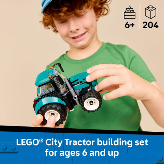 LEGO City 60498 tractor with open hood for engine inspection and storytelling.