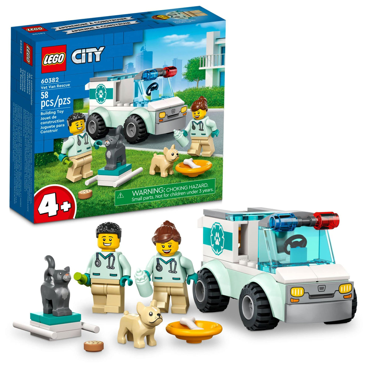 LEGO City Vet Van Rescue front view, ready for imaginative pet-care adventures.
