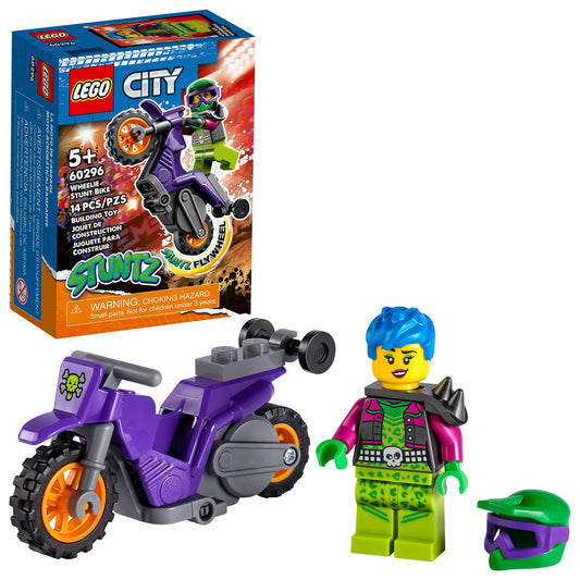 LEGO City Wheelie Stunt Bike 60296 with flywheel action for thrilling wheelies.