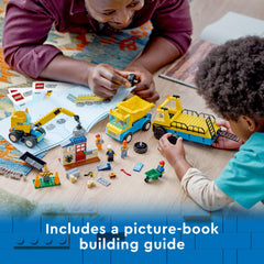 LEGO City wrecking ball attachment focuses play on demolition actions and creative problem solving.