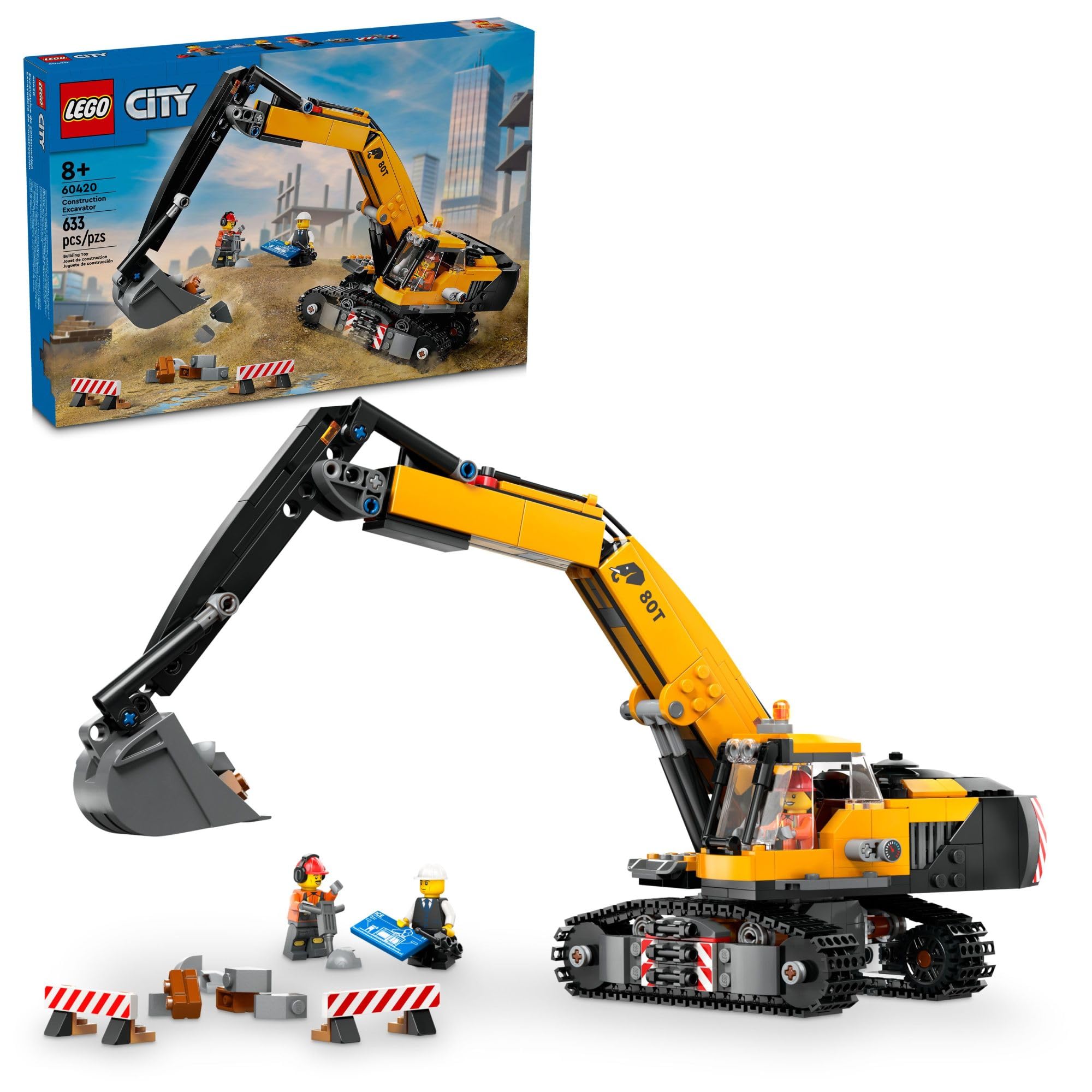LEGO City yellow construction excavator digger viewed from the side for imaginative pretend play.