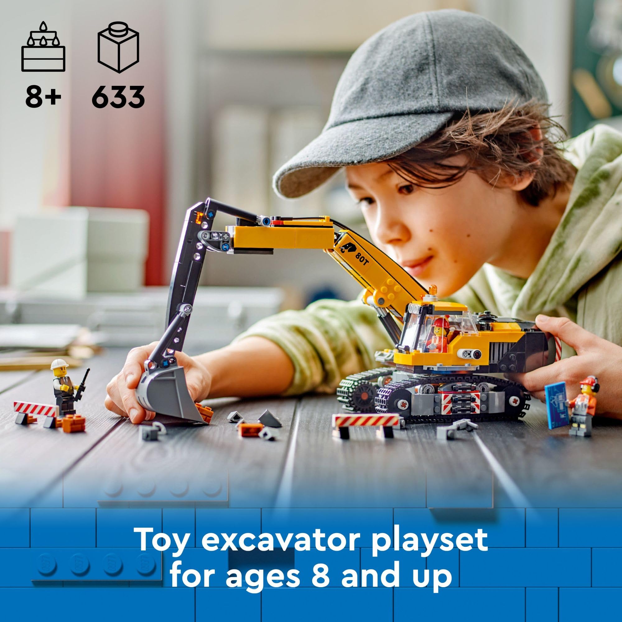 LEGO City yellow construction excavator rotating cab showing 360° movement for versatile scenes.