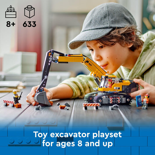 LEGO City yellow construction excavator rotating cab showing 360° movement for versatile scenes.