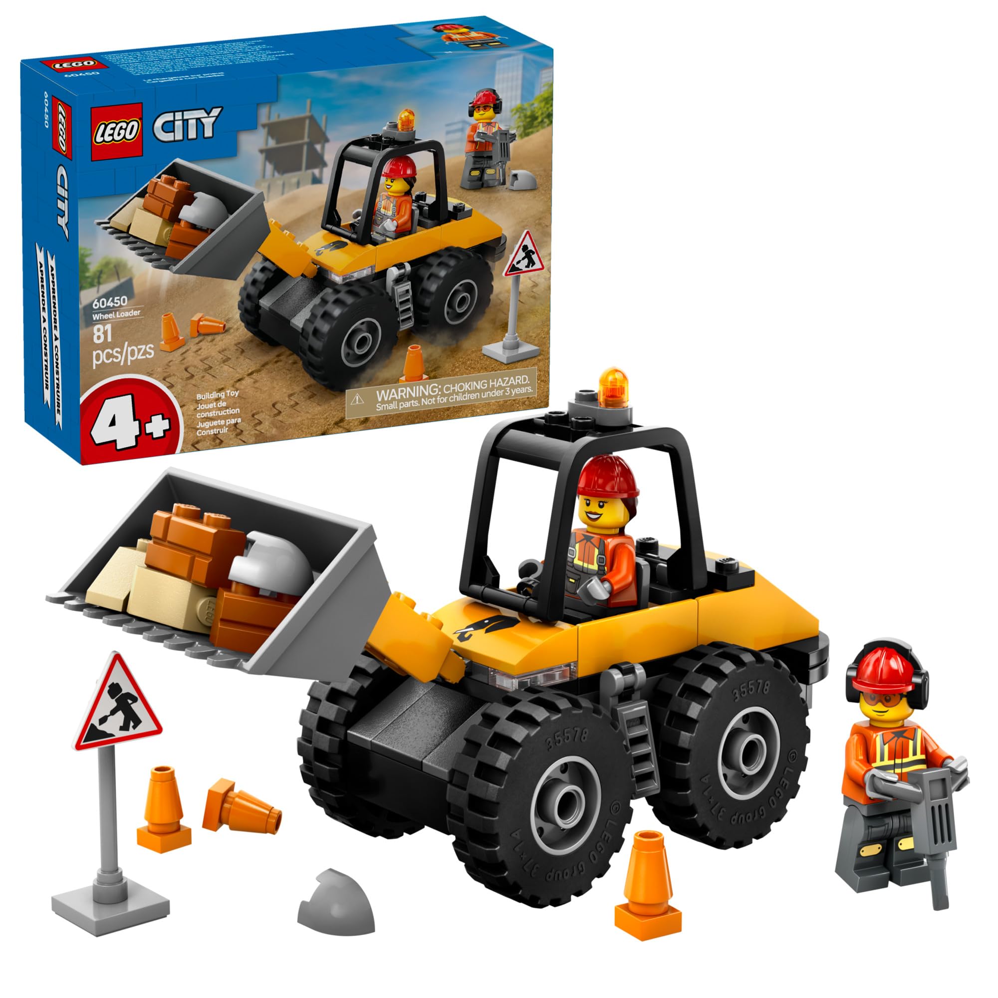 LEGO City Yellow Construction Wheel Loader front view promotes imaginative play and sturdy construction