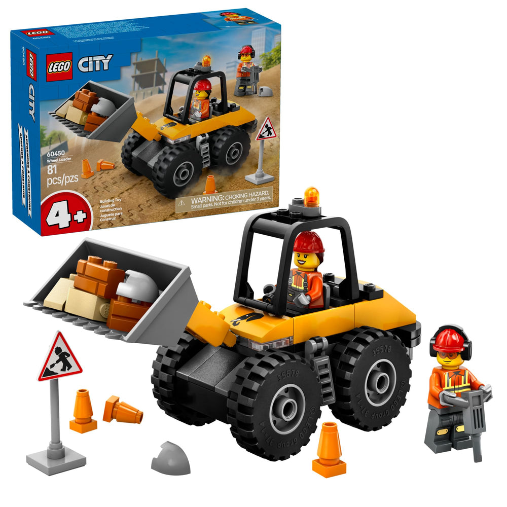 LEGO City Yellow Construction Wheel Loader front view promotes imaginative play and sturdy construction