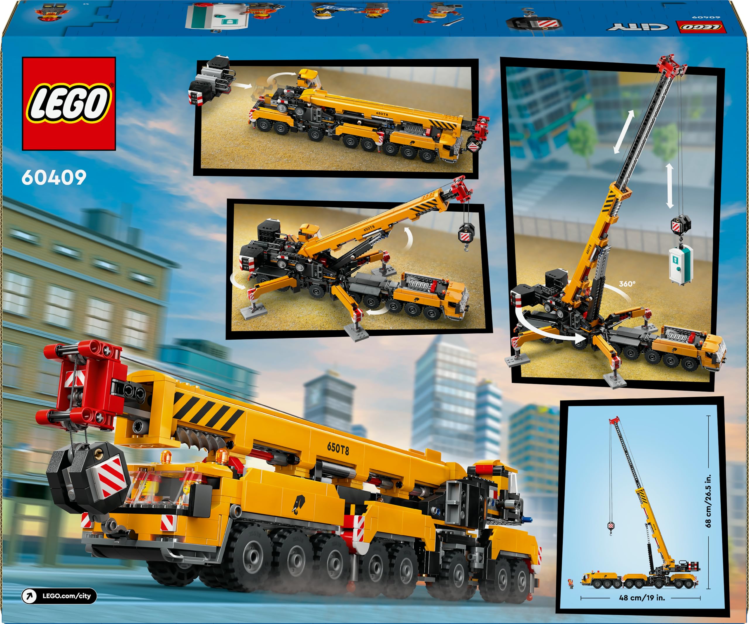 LEGO City yellow mobile crane accessories spark creative tasks.