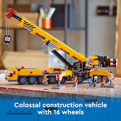 LEGO City yellow mobile crane 360-degree arm rotation for dynamic setups.