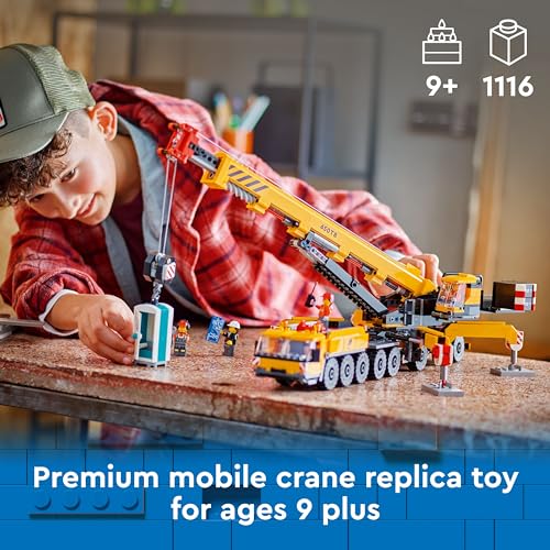 LEGO City yellow mobile crane cab swivel for varied angles and access.