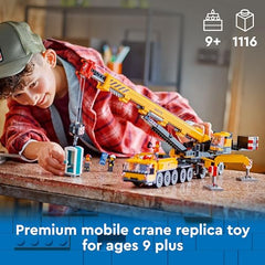 LEGO City yellow mobile crane cab swivel for varied angles and access.