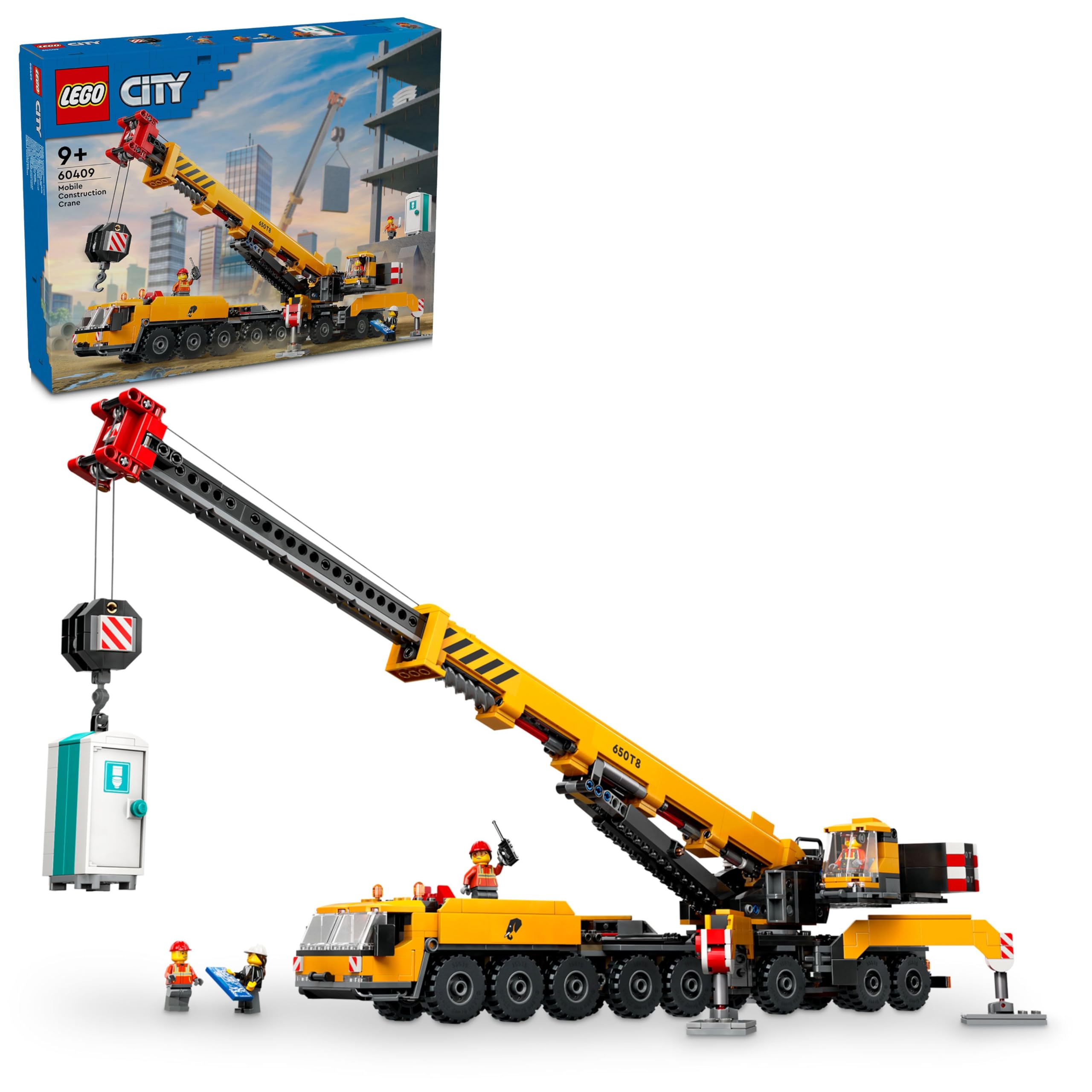 LEGO City yellow mobile crane front view for imaginative construction play.