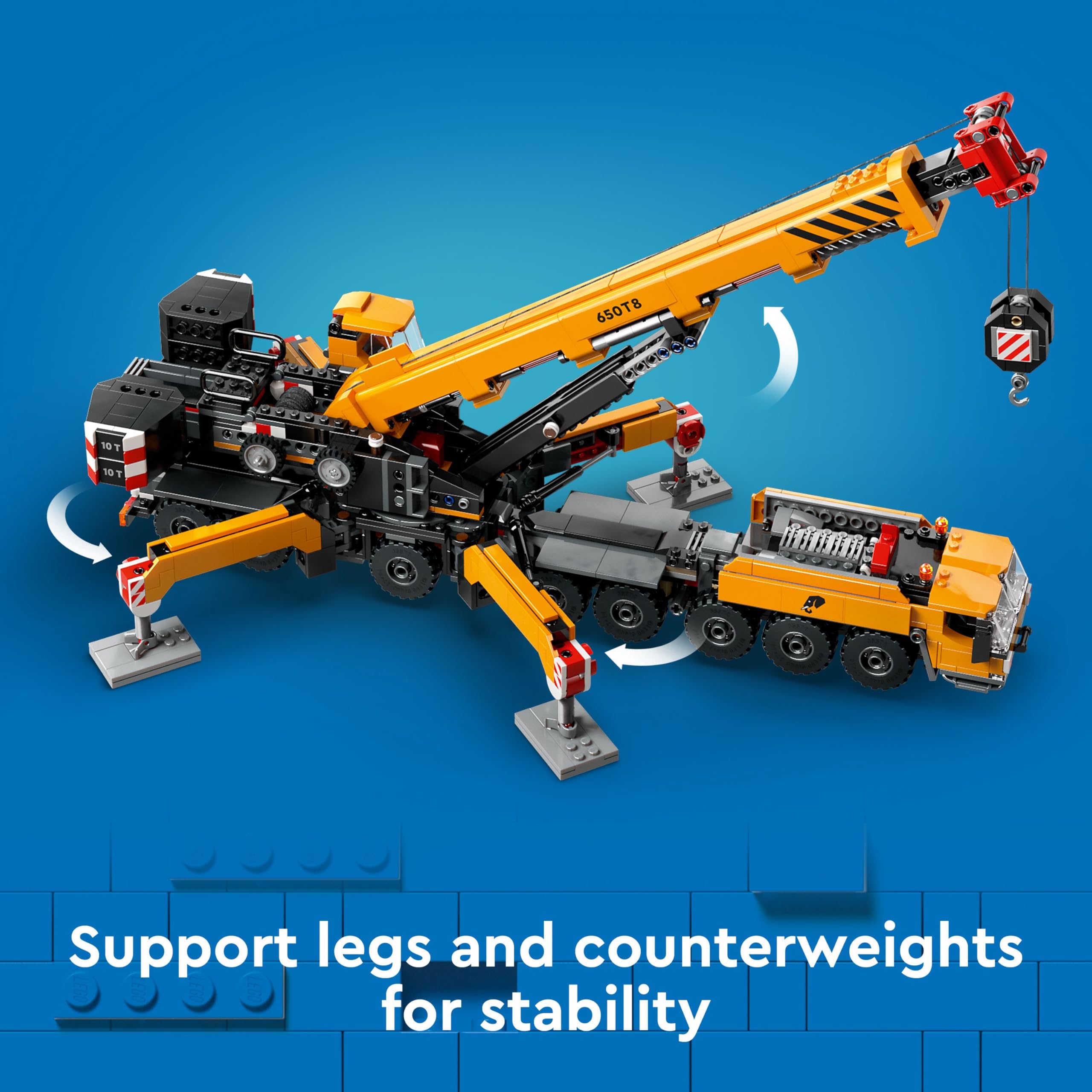 LEGO City yellow mobile crane deployable legs for stable on-site play.
