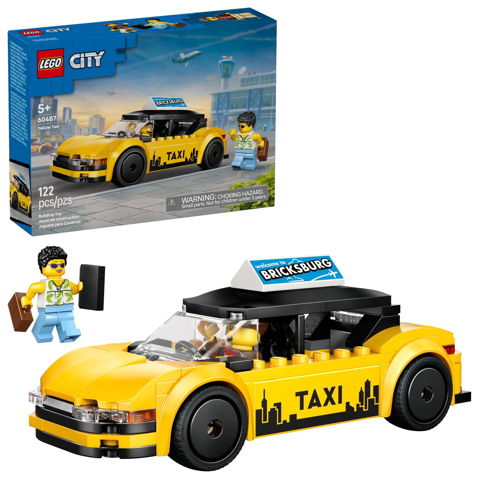 LEGO City Taxi 60487 front view of the yellow taxi with minifigures for imaginative city play