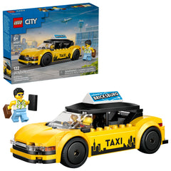 LEGO City Taxi 60487 front view of the yellow taxi with minifigures for imaginative city play