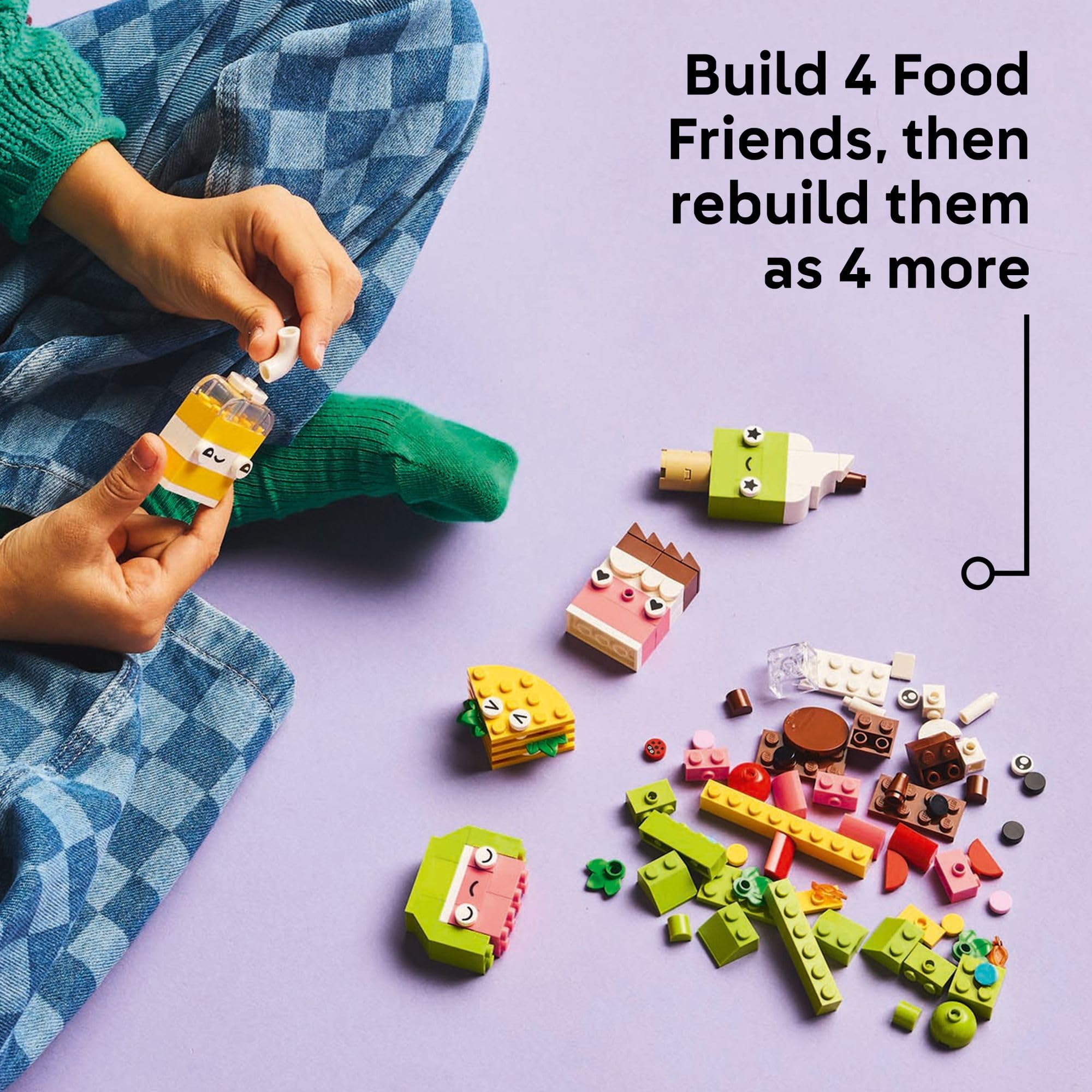LEGO Classic Food Friends cake with sprinkles fosters mix-and-match creativity.