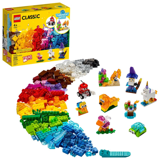 LEGO Classic transparent bricks bird for imaginative play and fine-motor skill development.