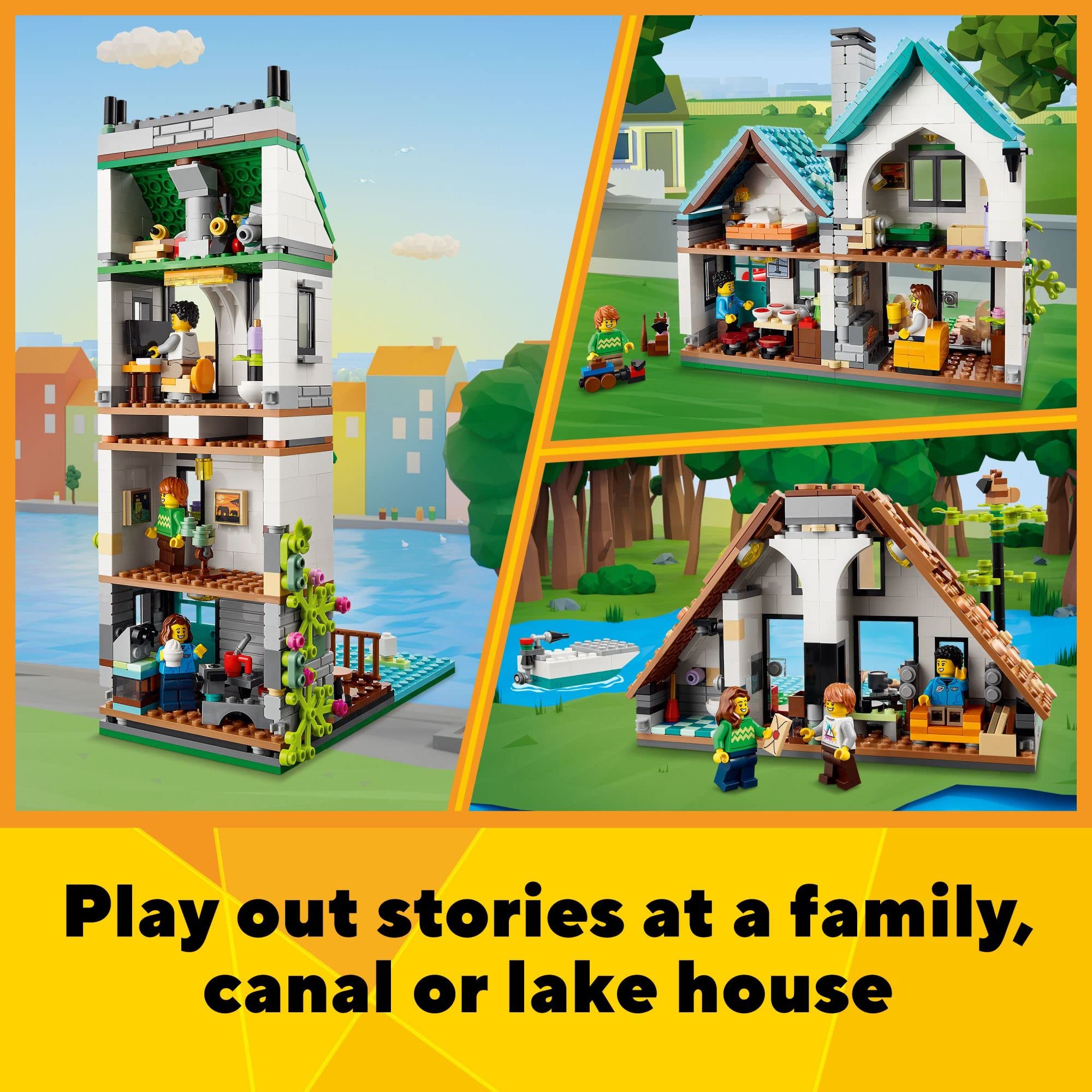 LEGO Creator 3-in-1 Cozy House lakeside boat scene for creative play