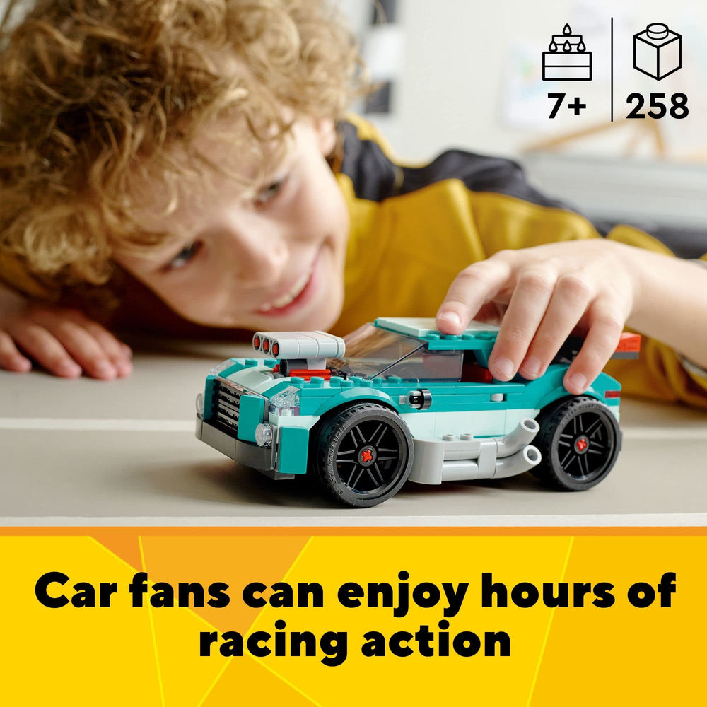 LEGO Creator 3-in-1 Street Racer hot rod engine detail for dynamic racing action.