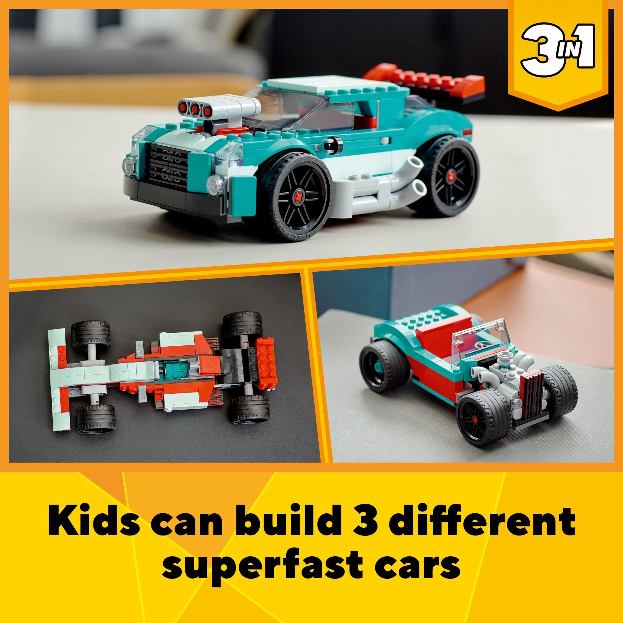 LEGO Creator 3-in-1 Street Racer with removable roof for versatile play.