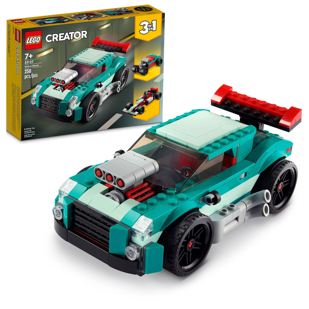 LEGO Creator 3-in-1 Street Racer with side pipes and spoiler for authentic detailing.