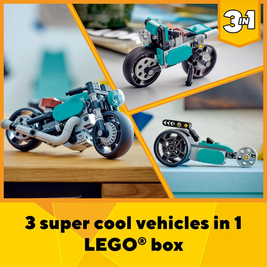 LEGO Creator 3-in-1 Vintage Motorcycle front view invites tactile play and display.