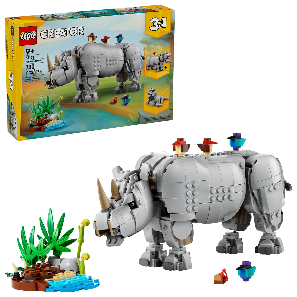 LEGO Creator 3-in-1 rhino with birds model, ideal for imaginative safari play.
