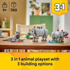 LEGO Creator 3-in-1 rhino close-up, poseable limbs for dynamic wildlife posing.