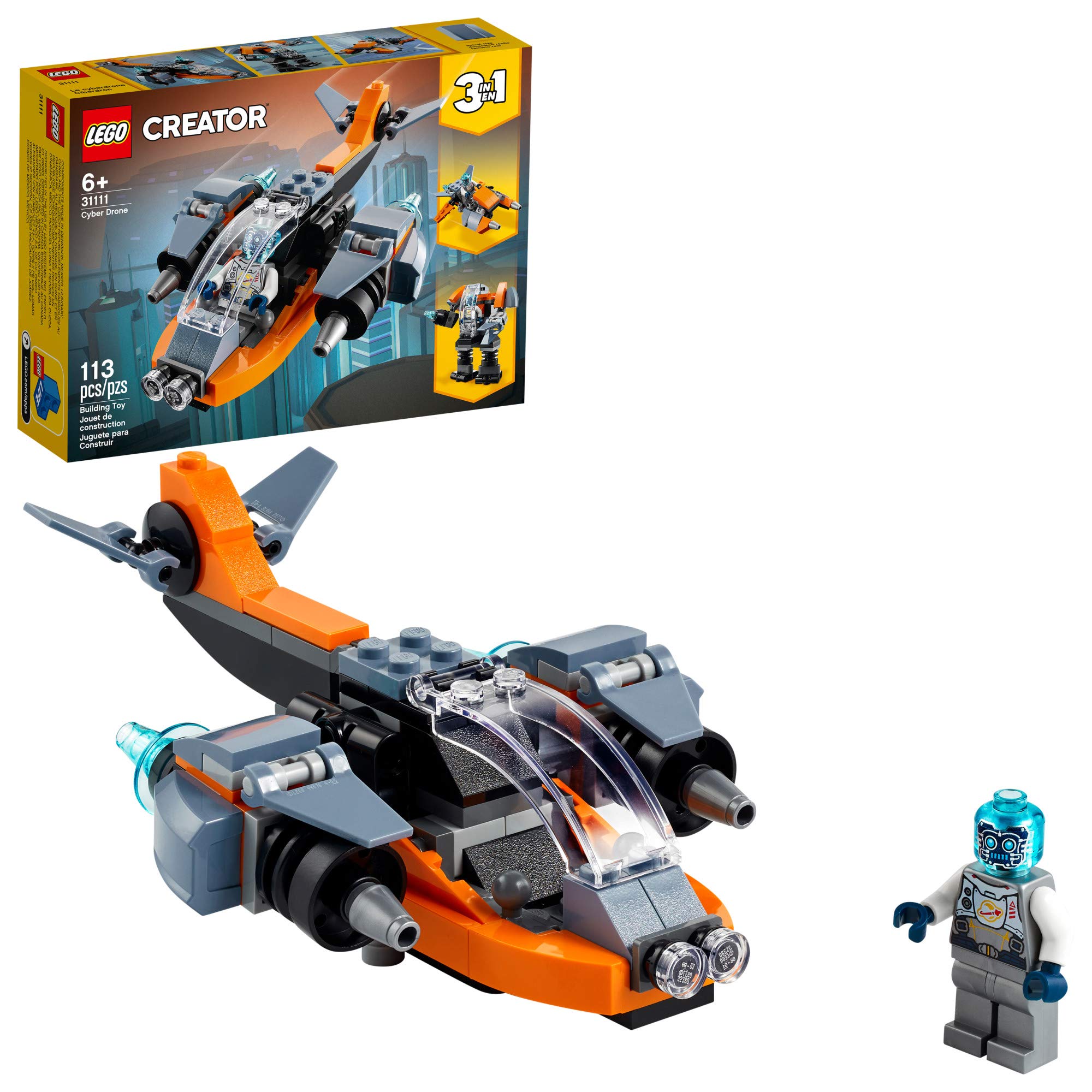 LEGO Creator 3in1 Cyber Drone front view shows the sleek drone design for space adventures.