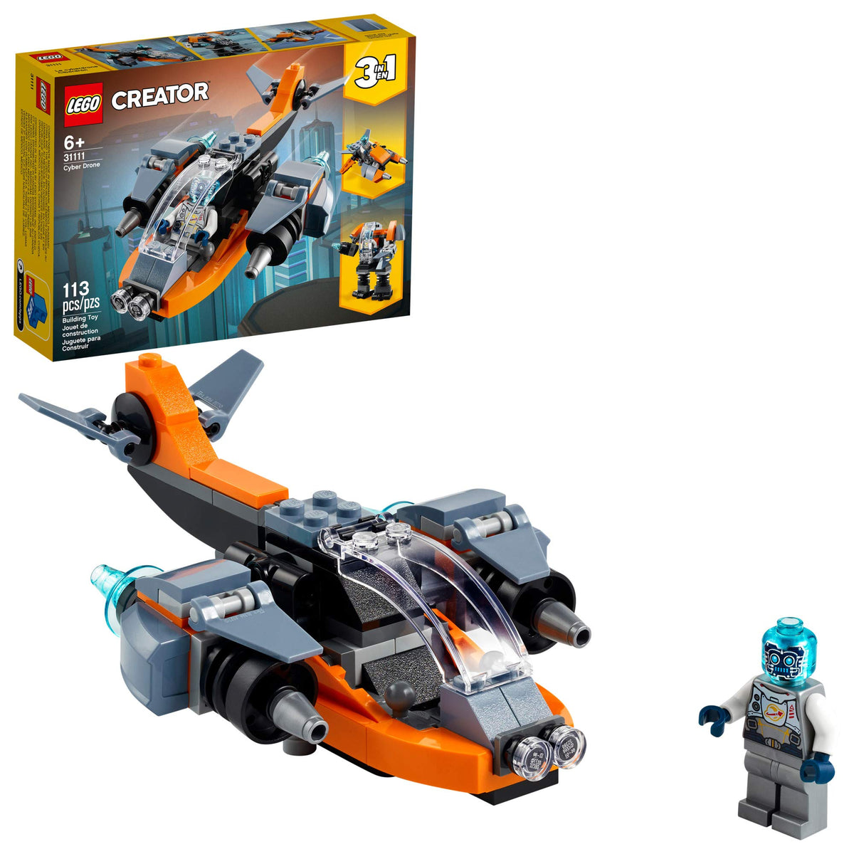 LEGO Creator 3in1 Cyber Drone front view shows the sleek drone design for space adventures.