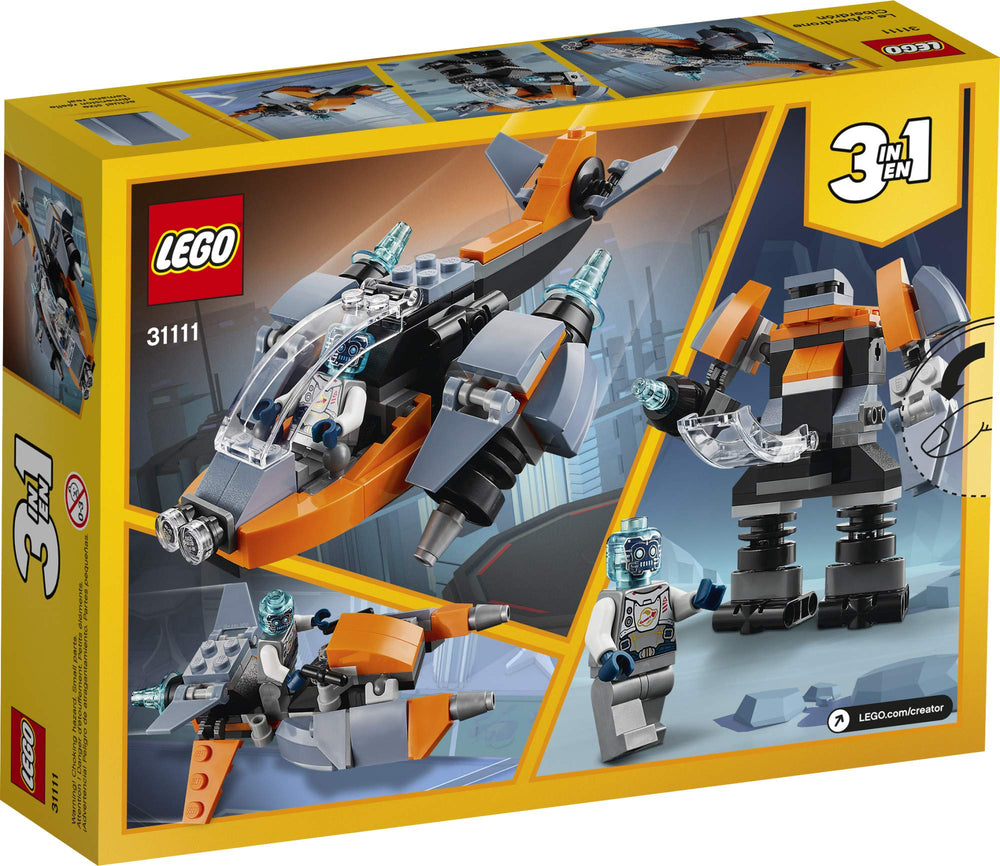 LEGO Creator 3in1 Cyber Drone robot minifigure with blue head rides every model.