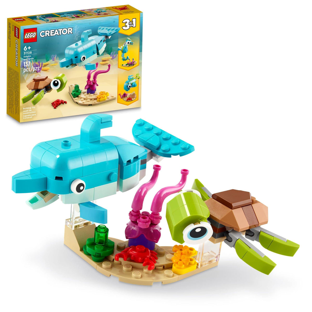 LEGO Creator 3in1 Dolphin and Turtle diorama with posable figures for imaginative play.
