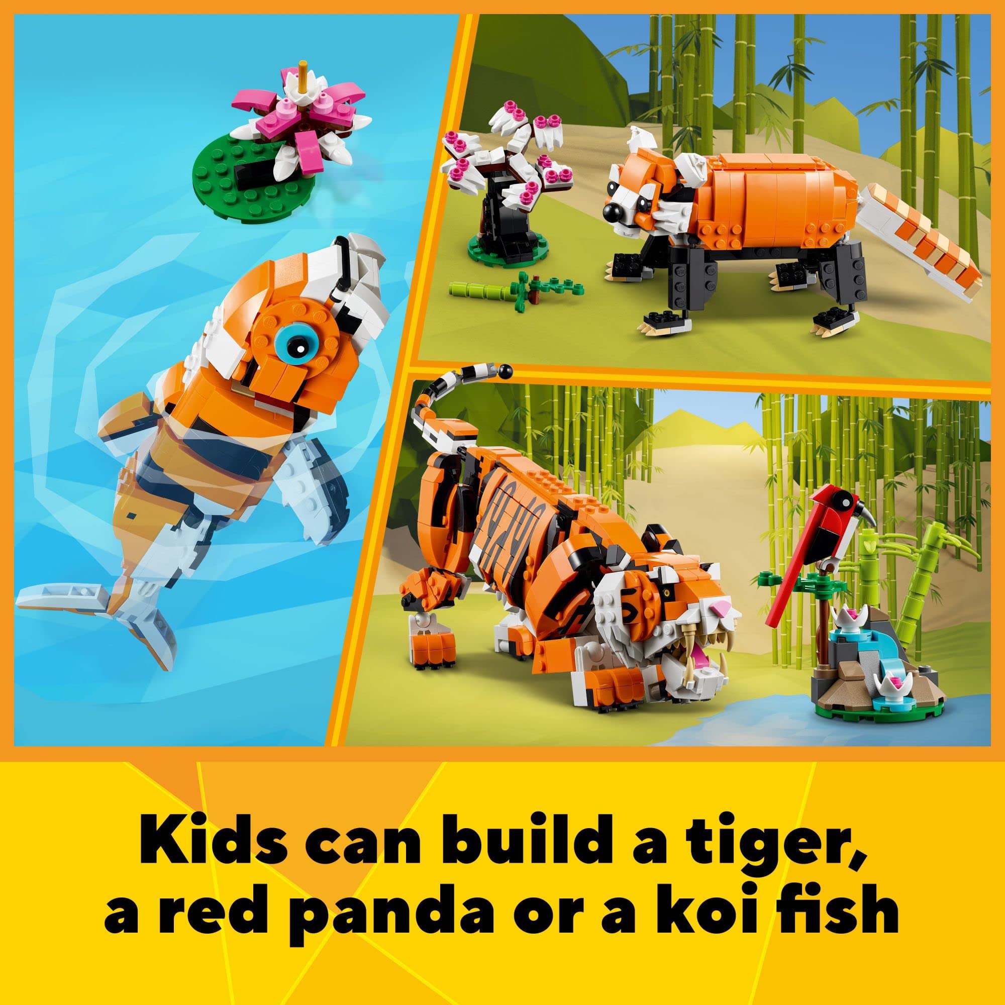 LEGO Creator Majestic Tiger panda with bamboo for balanced display options