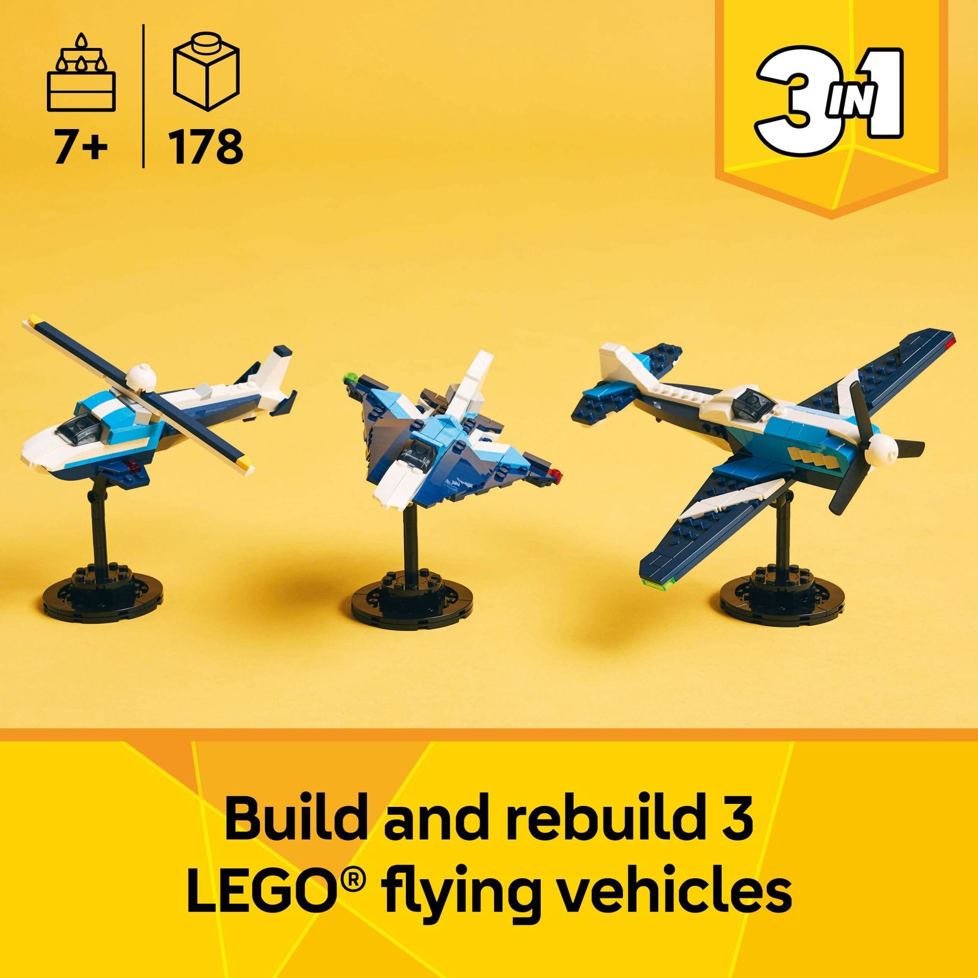 LEGO Creator 3in1 Race Plane side view supports hands-on building and storytelling.