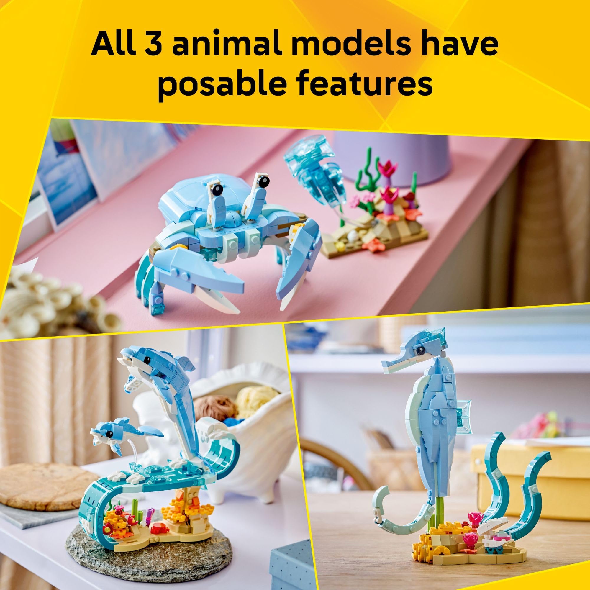 LEGO Creator 3-in-1 Sea Animals seahorse on colorful stand inspires creative play.