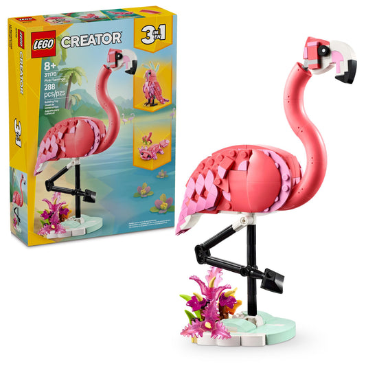 LEGO Creator 3 in 1 pink flamingo on a plant stand for imaginative play