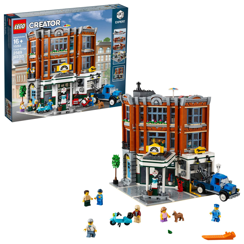 LEGO Creator Expert Corner Garage front facade with 1950s signage for display.