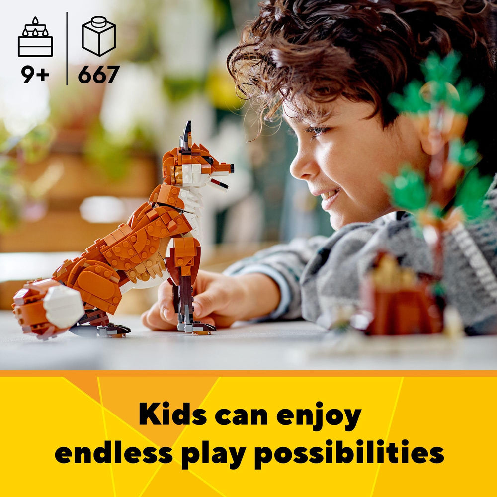 LEGO Creator 3in1 Forest Animals Red Owl 31154 perched on branch with 360-degree head rotation.