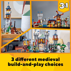 LEGO Creator Medieval Castle water mill and prison details support interactive scenes.