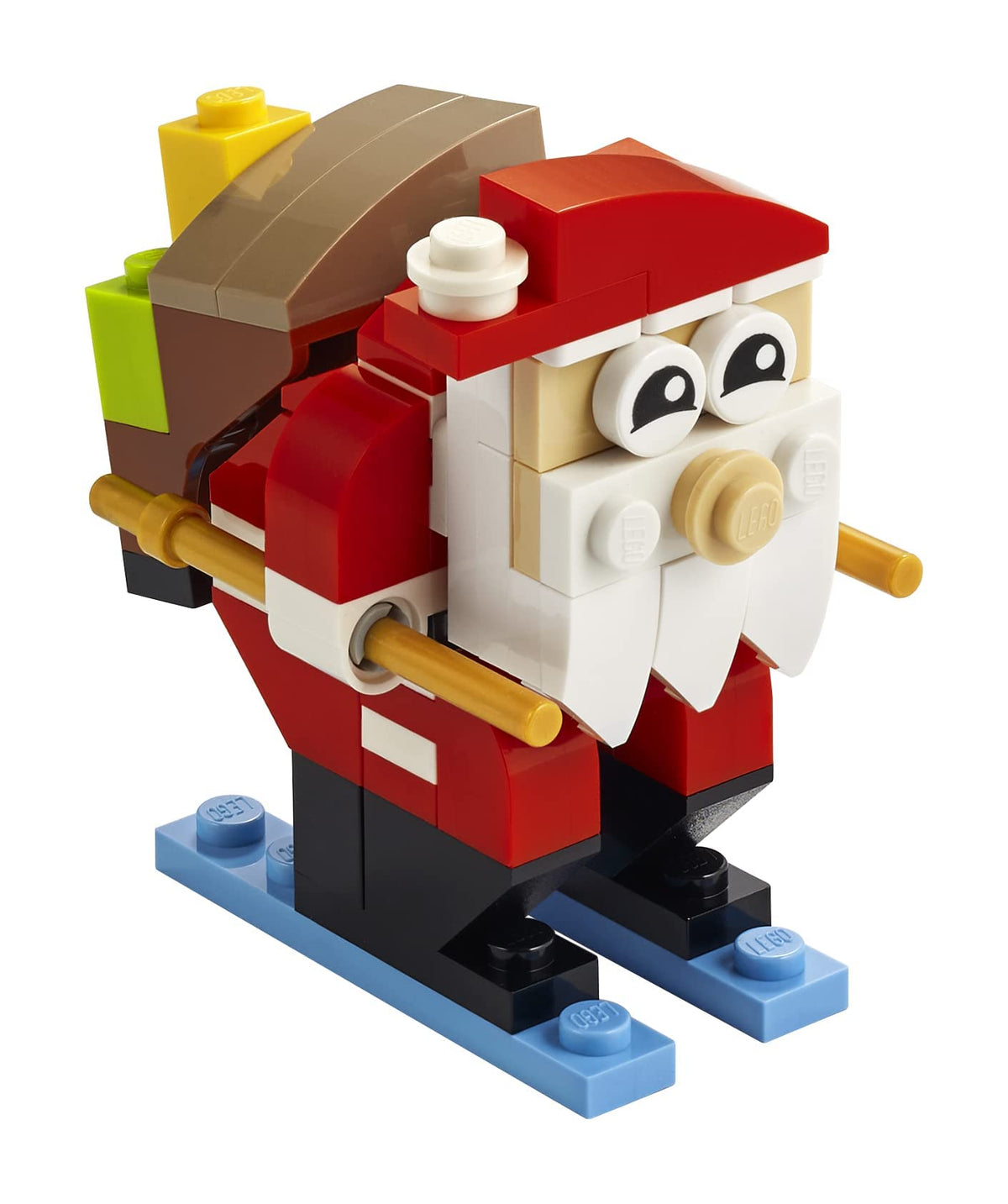 LEGO Creator Santa Claus skiing pose for festive display and imaginative play.