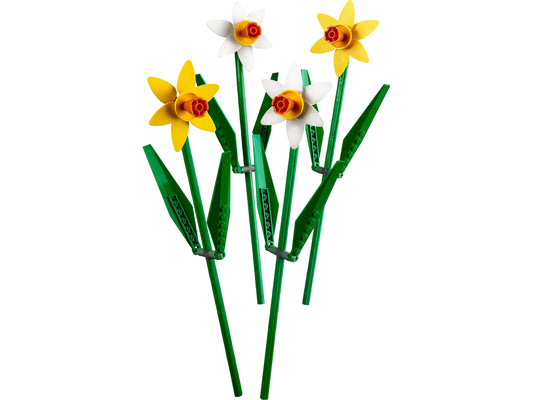 LEGO Daffodils from the Botanical Collection 40646 showcase vibrant flowers for desk display.