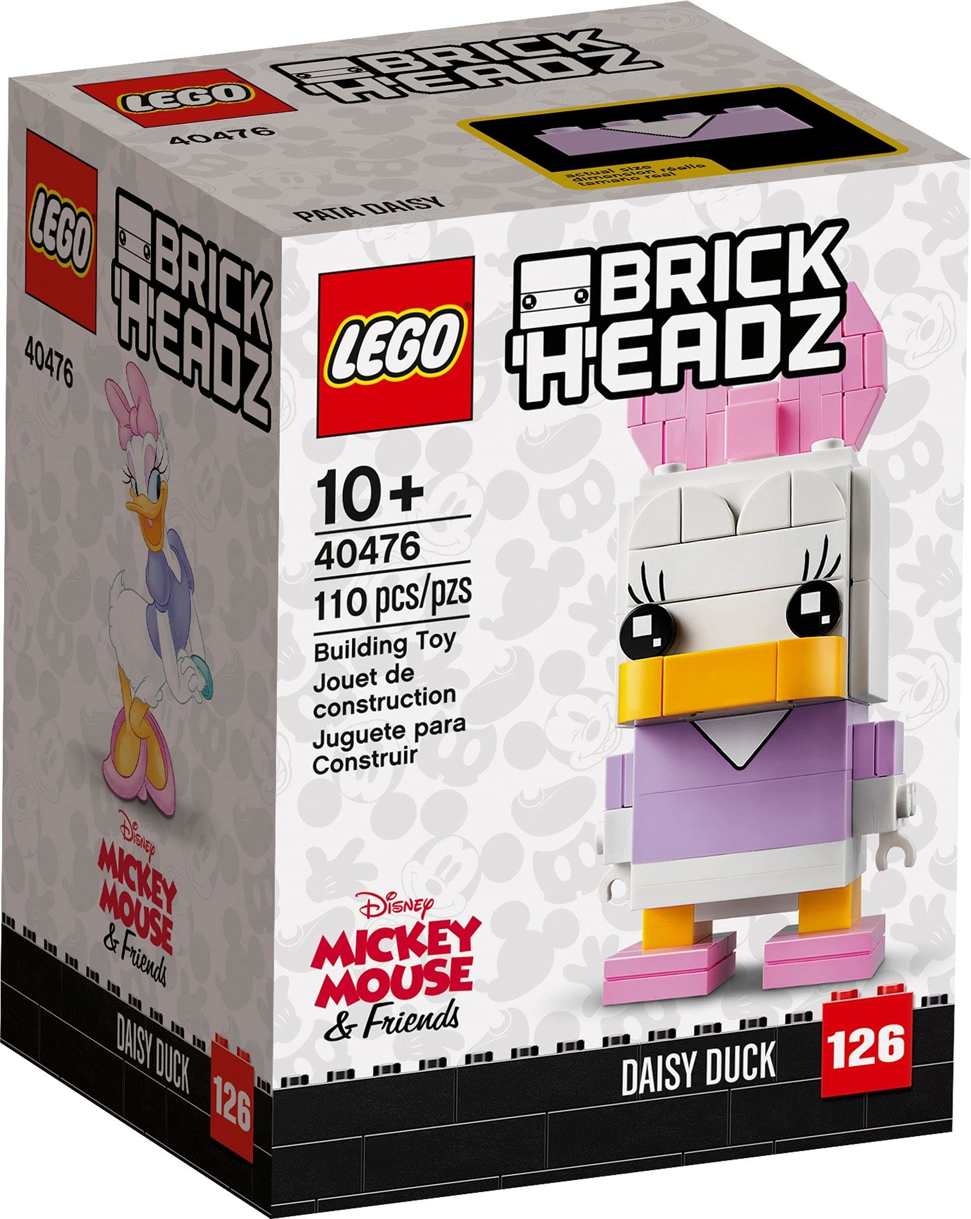 LEGO Daisy Duck BrickHeadz figure with bow detail, ideal for display on a shelf.