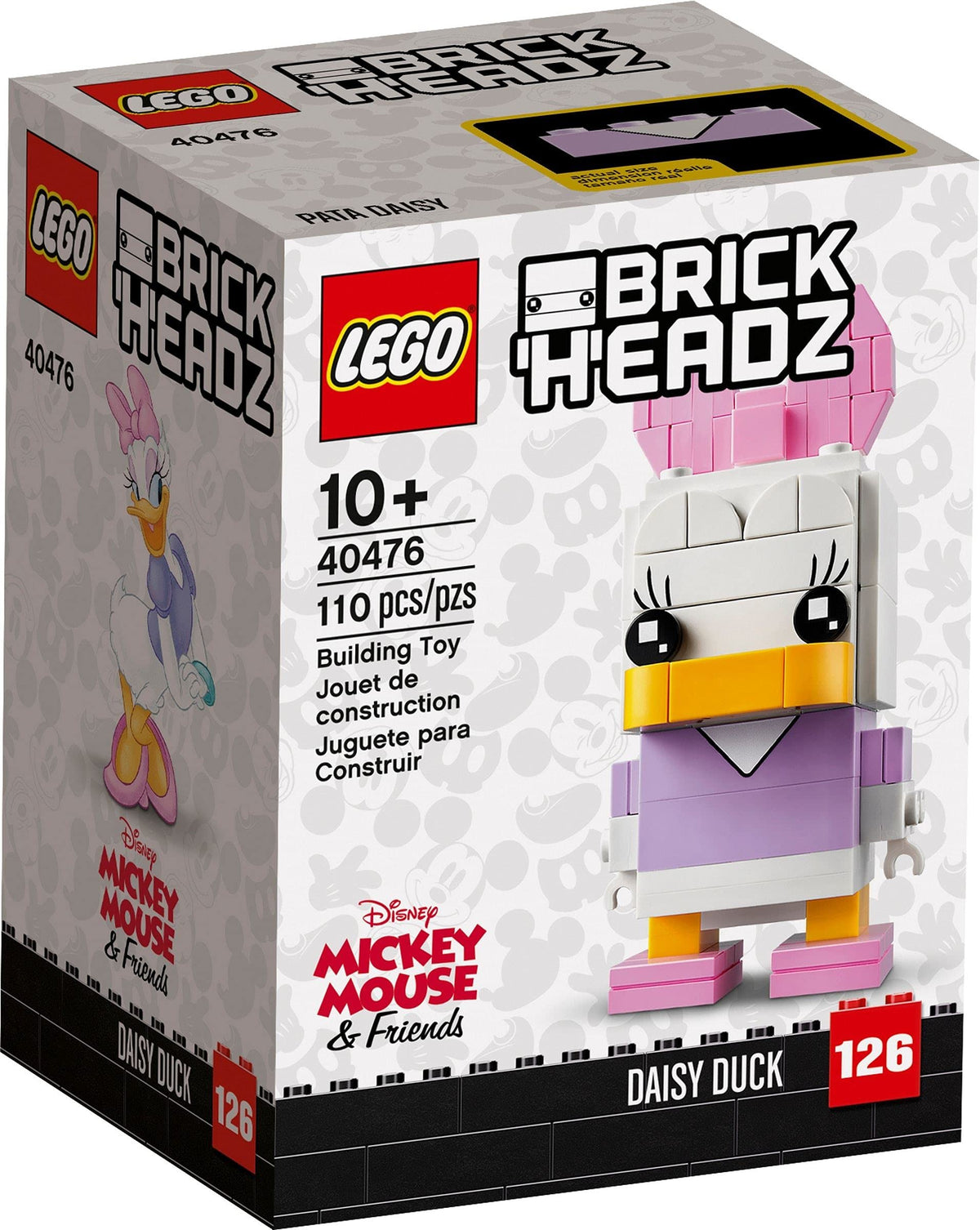LEGO Daisy Duck BrickHeadz figure with bow detail, ideal for display on a shelf.