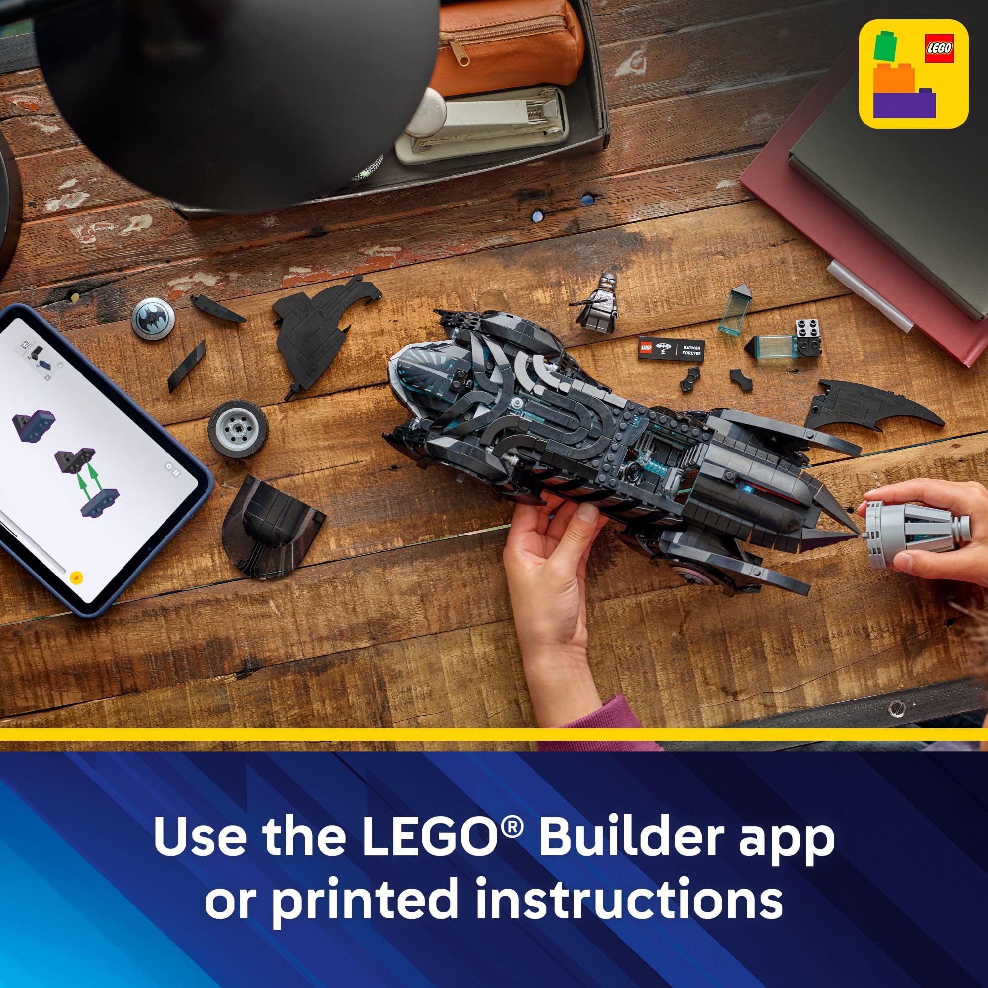 LEGO DC Batman Forever Batmobile box and instructions ready for a guided build.
