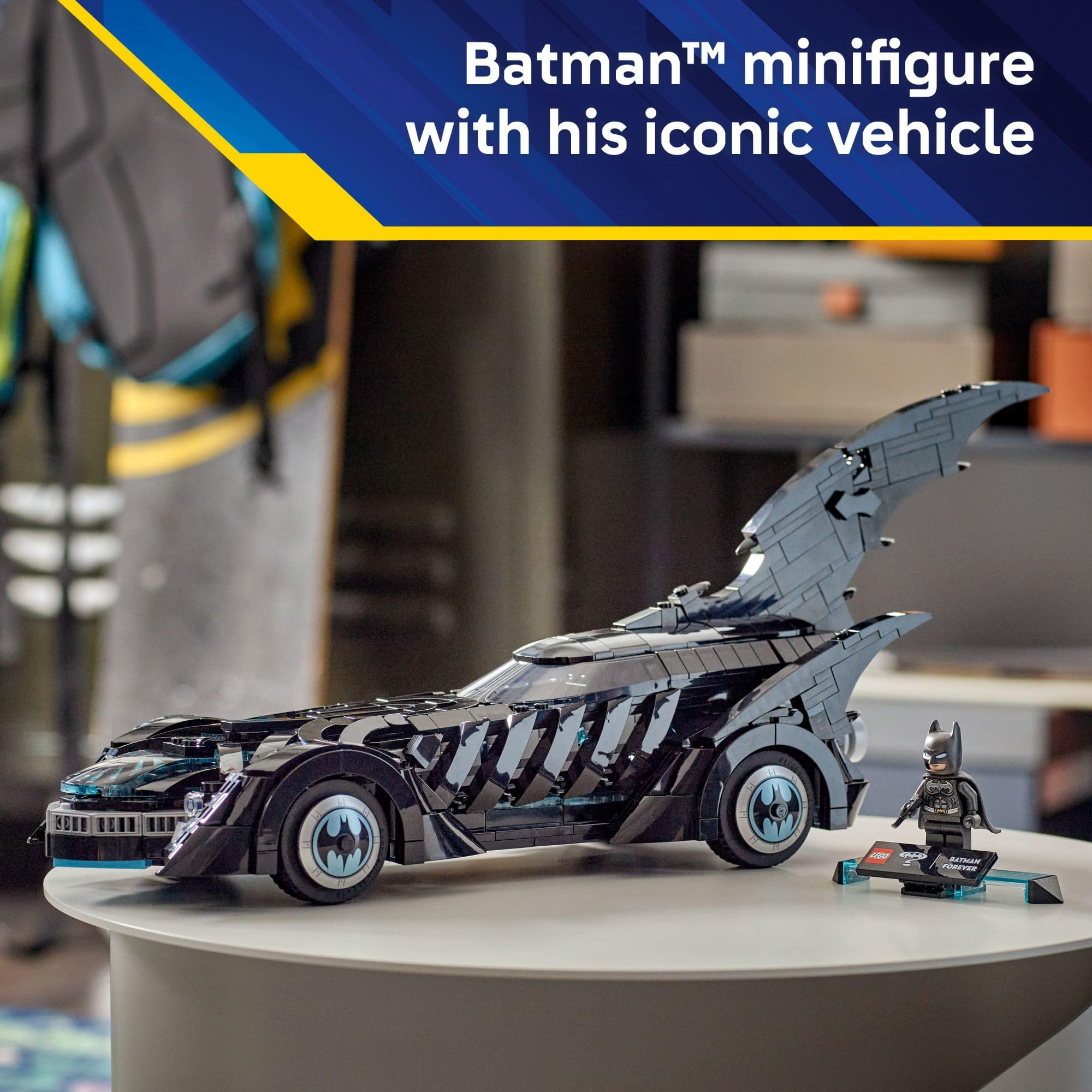 LEGO Batman Forever Batmobile display plate helps showcase the model in style.