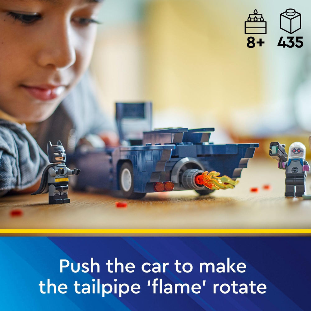LEGO DC Batman Batmobile exhaust flame detail adds realistic motion.